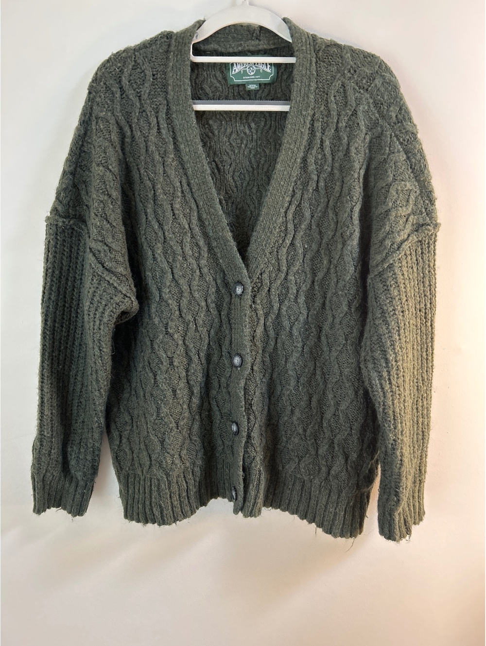 American Eagle Olive Green Cable Knit Button-Up Cardigan Sweater Medium